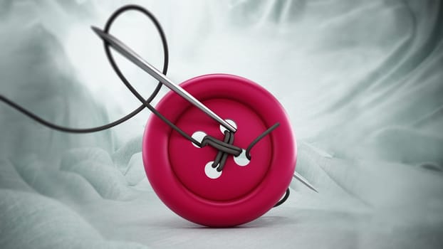 Sewing needle, string and red button on white cloth. 3D illustration.