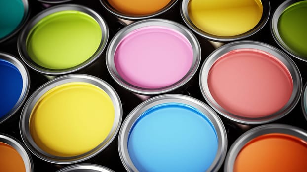 Multi colored paint cans background. 3D illustration.