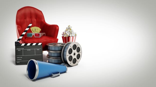 Red seat, pop corn, ticket, film reel and slate. 3D illustration.
