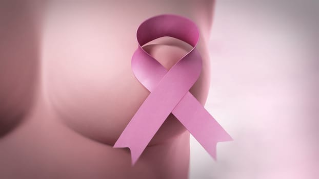 Pink cancer awareness ribbon on woman breast. 3D illustration.