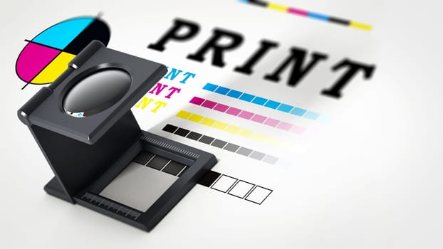 Printing loupe standing on colour test paper. 3D illustration.