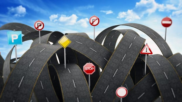 Tangled, crowded, chaotic roads and many traffic signs. 3D illustration