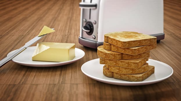 Butter, knife, toaster and breads on the table. 3D illustration.