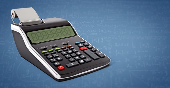 Print calculator standing on blue background. 3D illustration.