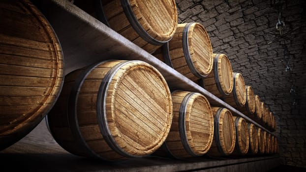 Stocked wine barrels across two sides of corridorof a wine cellar. 3D illustration