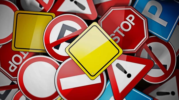 Shiny multi colored traffic signs background. 3D illustration.