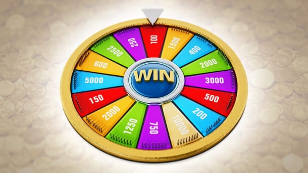 Wheel of fortune on coins background. 3D illustration.
