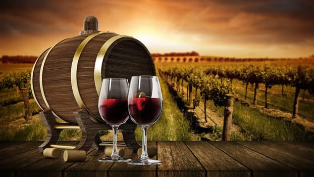 Wine bottles, corks, glasses and barrel. 3D illustration.