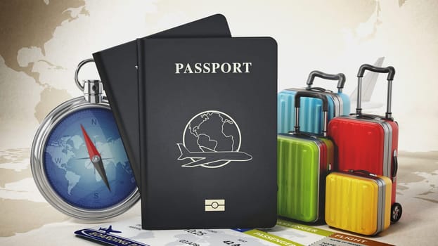 Passports, luggages, tickets and compass on world map background. 3D illustration.