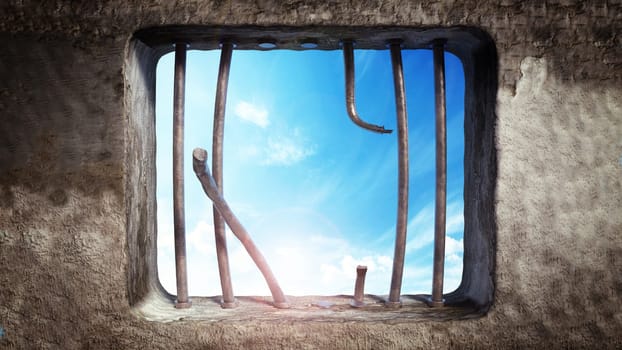 Prison cell with broken prison bars on the window. 3D illustration.
