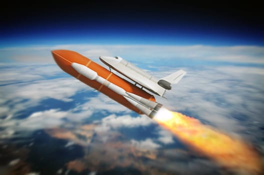 Space shuttle on the rocket and the Earth in the background. 3D illustration.