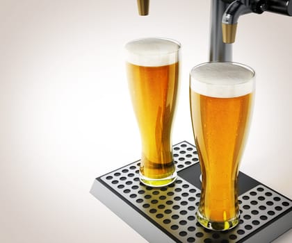 Two glasses of beer under alcoholic beverage taps. 3D illustration.