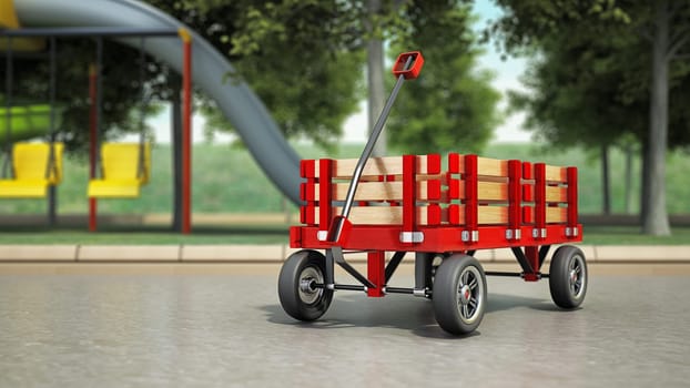 Toy child's wagon standing on children's playground. 3D illustration.