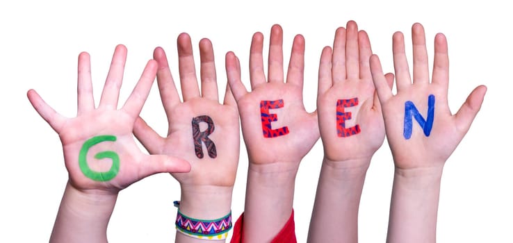 Children Hands Building Colorful English Word Green. Isolated White Background.