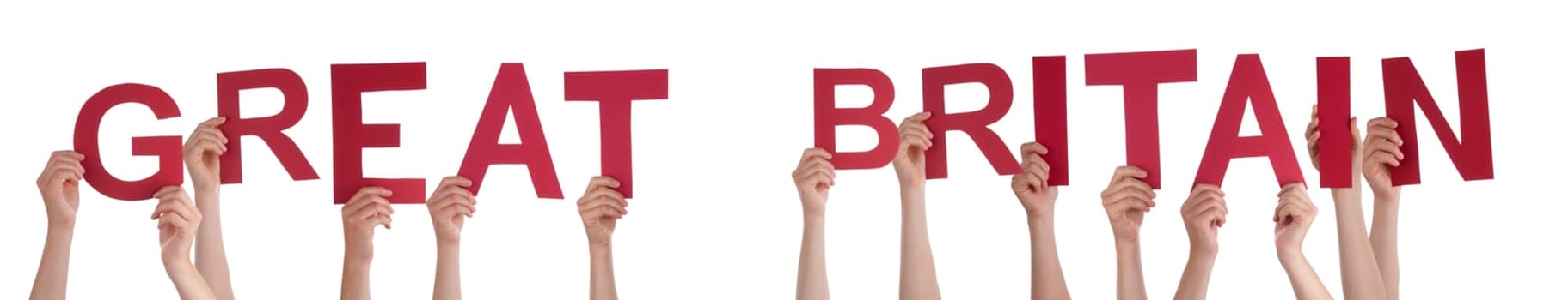 People Or Persons Hands Building English Word Great Britain. Isolated White Background.