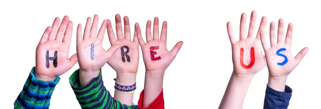 Children Hands Building Colorful English Word Hire Us. Isolated White Background.