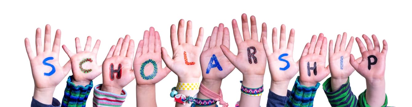 Children Hands Building Colorful English Word Scholarship. Isolated White Background.