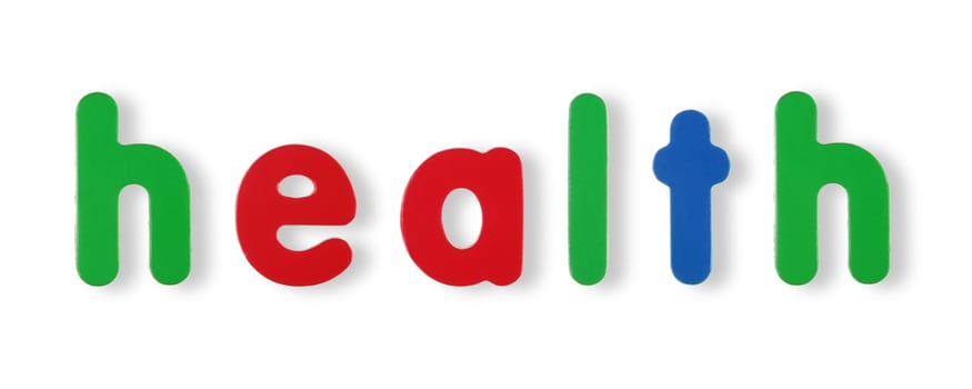 health word coloured magnetic letters on white with clipping path to remove shadow