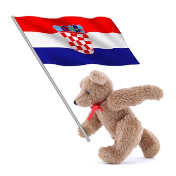 A Croatia flag being carried by a cute teddy bear