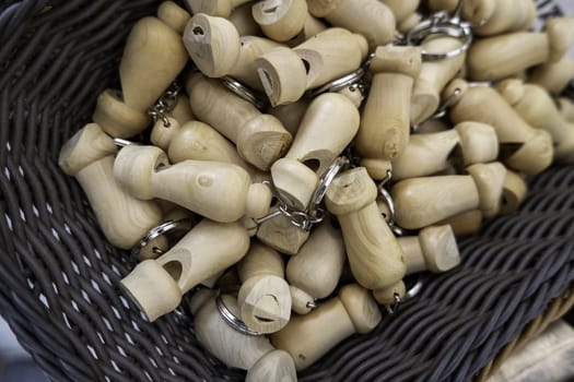 Detail of handmade artisan wooden whistles