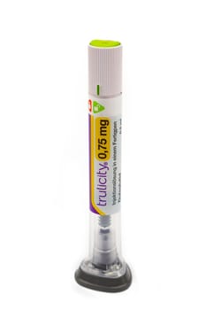 WETZLAR, HESSE - GERMANY 02-21-2023: Dulaglutid Trulicity. Dulaglutide is injected once a week using a disposable insulin pen