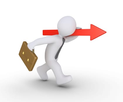 Businessman is running while holding an arrow pointing forward