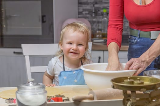 Adorable funny little child boy baking cake in domestic kitchen, indoors. Happy child having fun with working in the kitchen.  Horizontally.