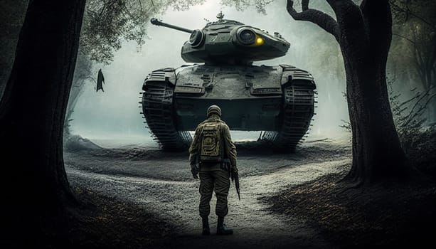 The painting depicts a lone soldier facing off against a massive tank in the midst of a desolate battlefield. The soldier's determination and bravery are evident, as he stands firm in the face of overwhelming odds. The colors are predominantly muted grays and browns, with flashes of red to highlight the violence of the conflict. The image is generated with the use of an AI.