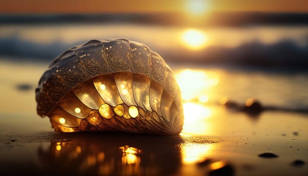 The painting depicts a beautiful seashell resting on a sandy beach, bathed in the warm, golden rays of the sun. The shell's intricate patterns and hues shimmer and glow in the light, evoking a sense of wonder and tranquility. The image is generated with the use of an AI.