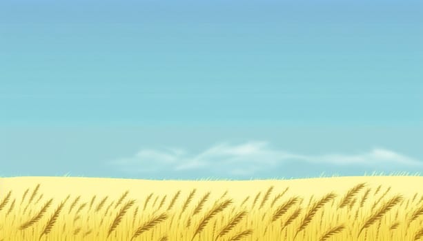 A vast expanse of golden wheat fields stretching out to the horizon under a clear blue sky. The wheat sways gently in the breeze, creating a soothing and peaceful scene. The image is generated with the use of an AI.