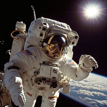 The painting depicts an astronaut floating in space, surrounded by the ethereal beauty of distant galaxies and nebulae. The colors are predominantly cool blues and purples, with touches of warm yellows and oranges to highlight the astronaut's suit and equipment. The image is generated with the use of an AI.