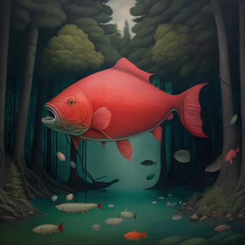 The painting captures the beauty and power of a large red fish swimming in the deep blue sea. The fish's vibrant red scales gleam in the sunlight, while its majestic presence and commanding gaze evoke a sense of awe and respect. The image is generated with the use of an AI.