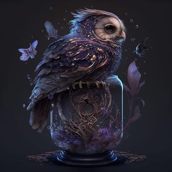 A majestic owl perched on a tree branch, silhouetted against a purple and orange sunset sky. The owl's piercing gaze is fixed on something in the distance, as if keeping a watchful eye over its domain. The image is generated with the use of an AI.