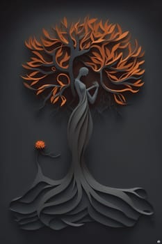 The painting depicts a whimsical and colorful tree made entirely out of paper, with branches and leaves that seem to dance and sway in the breeze. The leaves are a vibrant shade of orange, creating a bold and cheerful contrast against the white paper bark. The image is generated with the use of an AI.