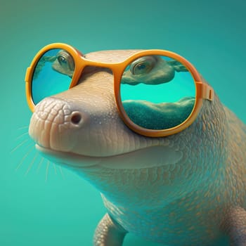 The painting depicts a whimsical and charming image of a turtle wearing glasses underwater. The turtle seems to be studying something intently, embodying a sense of wisdom and intellectual curiosity in its gaze. The image is generated with the use of an AI.