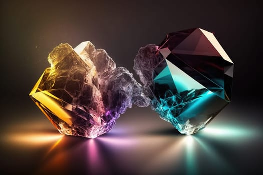 The painting depicts two uncut and unpolished gemstones resting in a beam of sunlight. The colors of the gems reflect the warm tones of the light, creating a rich and inviting composition. The image is generated with the use of an AI.