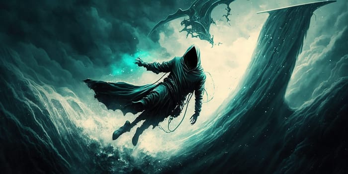 This painting portrays a hooded rider on horseback, bravely exploring the depths of the sea. The artist's use of vivid blues and greens creates a sense of immersion and wonder, drawing the viewer into the world beneath the waves. The image is generated with the use of an AI.