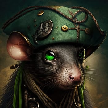 The painting features a festive and whimsical image of a rat pirate on a treasure hunt, dressed in a green suit for St. Patrick's Day. The green ship and green background create a sense of celebration and joy in the scene. The image is generated with the use of an AI.