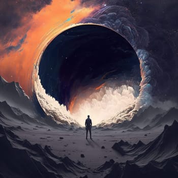 The painting depicts a young girl standing in front of a massive black hole in space. Her expression is one of awe and fear as she contemplates the unknown beyond. The image is generated with the use of an AI.