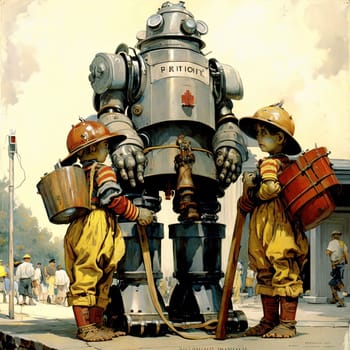 The painting portrays a heartwarming scene of a fire-fighting robot with two children, working together to save the day. The robot appears friendly and approachable, inspiring a sense of trust and security in the viewer. The image is generated with the use of an AI.