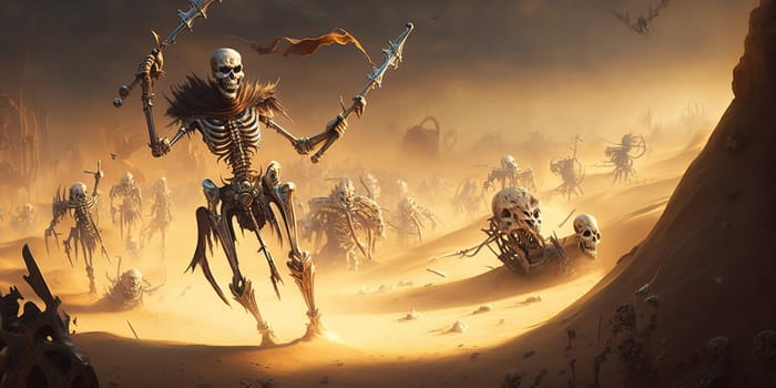 The painting depicts a skeletal warrior holding two swords, standing guard in the vast desert. The stark contrast of the white bones against the warm desert hues creates a visually striking and eerie image. The image is generated with the use of an AI.