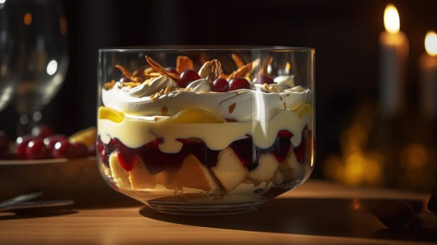 This close-up food photography showcases a delectable trifle with a rustic twist. The intricate details of the dessert are captured with ultra-realistic precision using a Canon 5D DSLR camera and 50mm portrait lens. The depth of field (DOF) is artfully managed to highlight the layers and textures of the trifle. The image is rendered using V-ray technology, with an impressive 8K resolution and ray tracing techniques that add to the realistic effect. The use of golden hour lighting, uplighting, and hard rim lighting creates a warm and inviting ambiance.