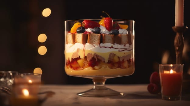 This close-up food photograph captures the delicious textures and layers of a rustic trifle. The ultra-realistic and highly-detailed image was shot using a Canon 5D DSLR with a 50mm portrait lens, and features a shallow depth of field and V-ray rendering for stunning visual impact. The photo is presented in 8K resolution with ray tracing and is expertly lit with golden hour lighting, uplight, and hard rim lighting to enhance the trifle's rich colors and textures.