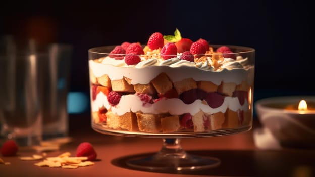 This close-up food photograph showcases a mouth-watering rustic trifle with layers of creamy custard, fresh berries, and crunchy biscuit crumbs. The ultra-realistic and highly detailed image was captured with a Canon 5D DSLR camera and a 50mm portrait lens. The depth of field effect creates a soft, dreamy background that enhances the trifle's textures and colors. The photo was rendered with V-ray software in 8K resolution with ray tracing technology, resulting in a stunning visual experience. The trifle is beautifully lit with golden hour lighting that emphasizes its natural colors and textures, while uplight and hard rim lighting add depth and dimension to the image.