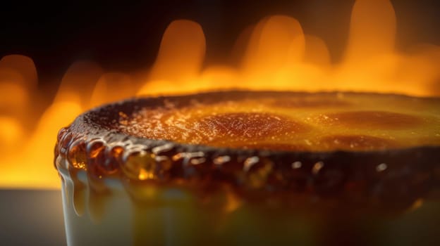 This stunning photo captures the rich, creamy texture of a perfectly prepared creme brulee. Shot with a Canon 5D DSLR using a 50mm portrait lens, the low angle and tight framing bring the viewer up close and personal with the dessert. The V-ray render and ray tracing techniques used in post-production create an ultra-realistic image, almost good enough to eat! The golden hour lighting, uplight, and hard rim lighting add depth and dimension to the shot, highlighting the dish's texture and color. A feast for the eyes!