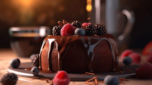 This close-up food photograph showcases a decadent chocolate cake with a luscious liquid core, highlighting its rich flavor and irresistible texture. The ultra-realistic image was captured using a Canon 5D DSLR camera with a 50mm portrait lens, and rendered using V-ray technology for precise detail and stunning clarity. The low angle, depth of field, and carefully crafted lighting create a dramatic, mouthwatering effect, drawing the viewer in for a closer look.