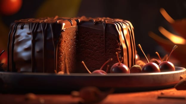 This mouth-watering close-up photograph captures a rich, decadent chocolate cake with a luscious liquid core, perfectly baked to perfection. The cake is presented on a delicate plate with a sprinkle of powdered sugar, and the creamy chocolate filling is oozing out invitingly. Shot with a Canon 5D DSLR camera and 50mm portrait lens, this ultra-realistic image showcases the cake's moist texture and glossy finish, with a focus on the depth of field and V-ray rendering. The lighting, which features golden hour lighting, uplight, and hard rim lighting, creates a dramatic and appetizing effect.