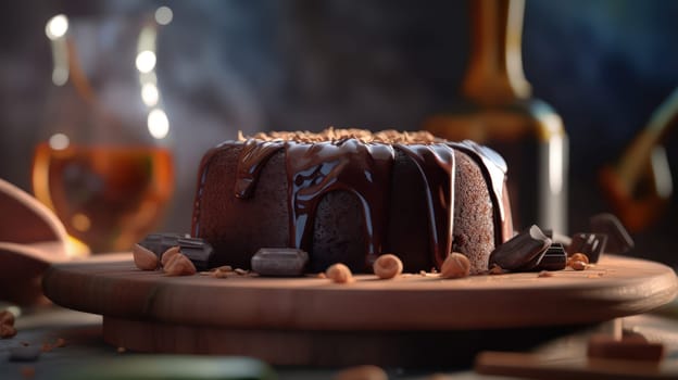 This ultra-realistic close-up photograph captures the mouth-watering details of a chocolate cake with a liquid core. Shot with a Canon 5D DSLR camera and 50mm portrait lens, the depth of field is expertly manipulated to focus on the rich, gooey center. The V-ray render and ray tracing bring out the intricate details, while the Golden hour lighting with uplight and hard rim lighting add a dramatic effect to the image.