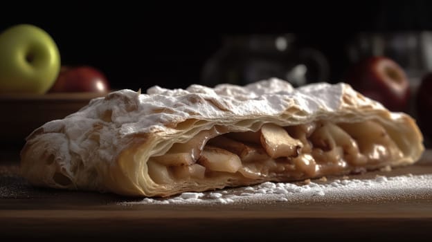 This mouth-watering close-up food photography of an Apfelstrudel will transport you to a cozy bakery in the heart of a European village. Captured with a Canon 5D DSLR camera and 50mm portrait lens, the ultra-realistic image showcases the flaky, golden crust of the strudel and the soft, cinnamon-spiced apple filling. The V-ray render and ray tracing technique create stunning details in the 8K resolution image, and the use of golden hour lighting, uplight, and hard rim lighting add warmth and depth to the photo. The rustic ambiance of the setting enhances the overall feeling of indulgence.