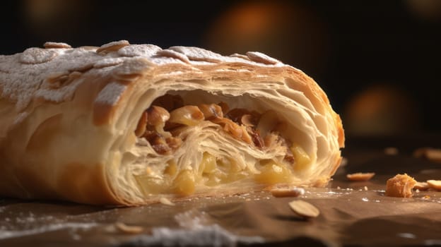 This close-up food photography captures the delicious and rustic appeal of a freshly baked Apfelstrudel. Shot with a Canon 5D DSLR camera and 50mm portrait lens, the ultra-realistic image showcases the intricate layers of the pastry and the golden-brown crust. The V-ray render with 8K resolution and ray tracing technology brings out the details of the filling, while the golden hour lighting and hard rim lighting adds depth and warmth to the overall image.